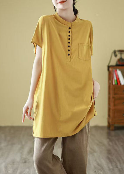 Knopfärmel Baumwolle Gelb Solid T Kurze Taschen Hemd Einfach