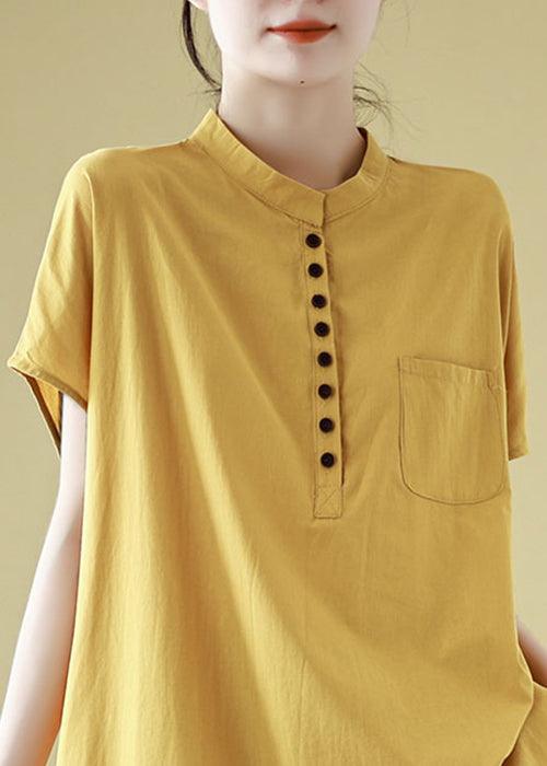 Knopfärmel Baumwolle Gelb Solid T Kurze Taschen Hemd Einfach