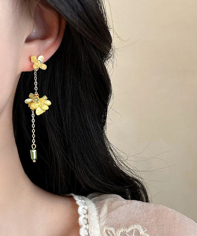 Yellow Flower Drop Tassel Earrings Skinny Acrylic Osmanthus