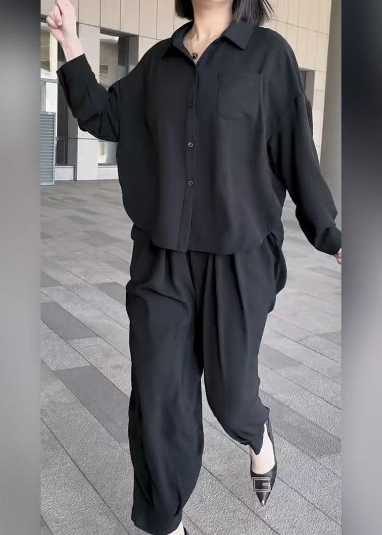 Oversized Collar Outfits Two Piece Summer Set Peter Pan Style Cotton Black