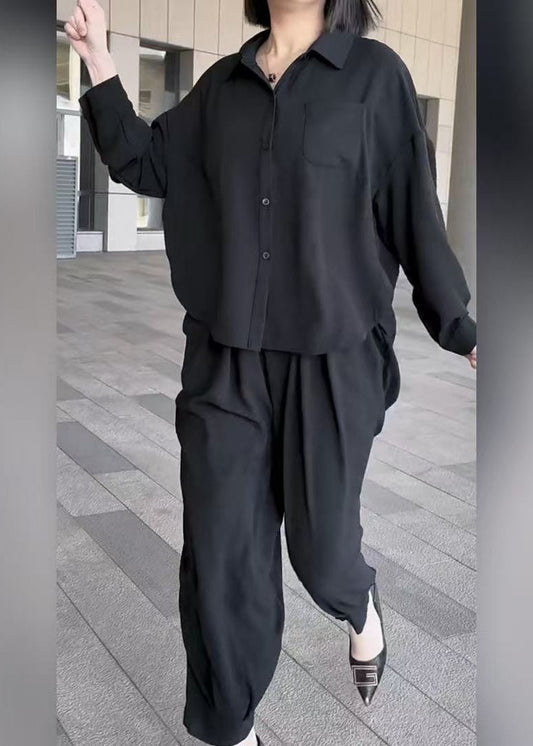 Oversized Collar Outfits Two Piece Summer Set Peter Pan Style Cotton Black