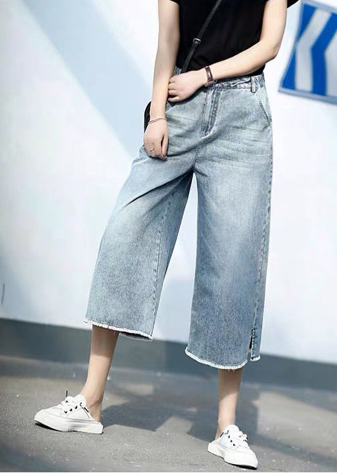 Sommer Leichte Hose Blau Elastische Gerade Hose Stil Crop Denim Taille