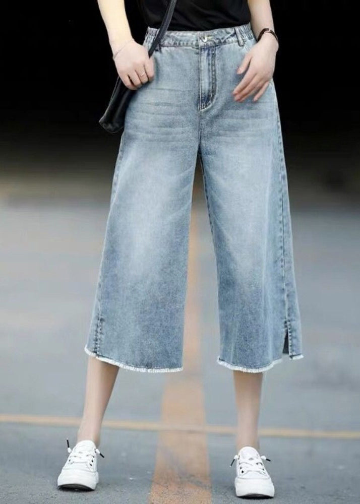 Sommer Leichte Hose Blau Elastische Gerade Hose Stil Crop Denim Taille