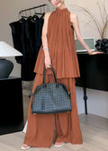 Chiffon Caramel Two Set Summer Stylish Stand Collar Pieces Wrinkled