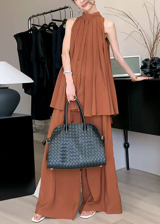 Chiffon Caramel Two Set Summer Stylish Stand Collar Pieces Wrinkled