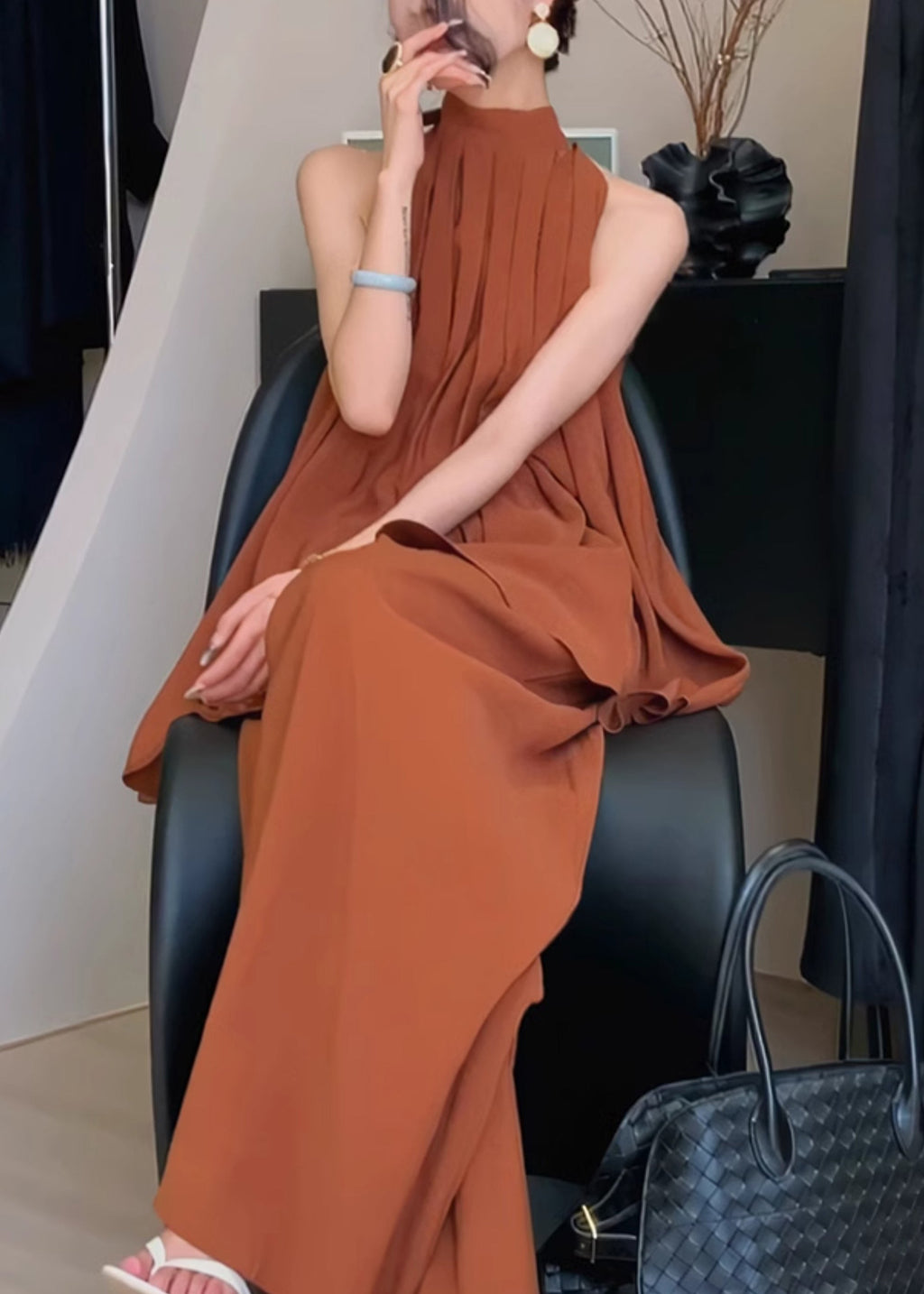 Chiffon Caramel Two Set Summer Stylish Stand Collar Pieces Wrinkled