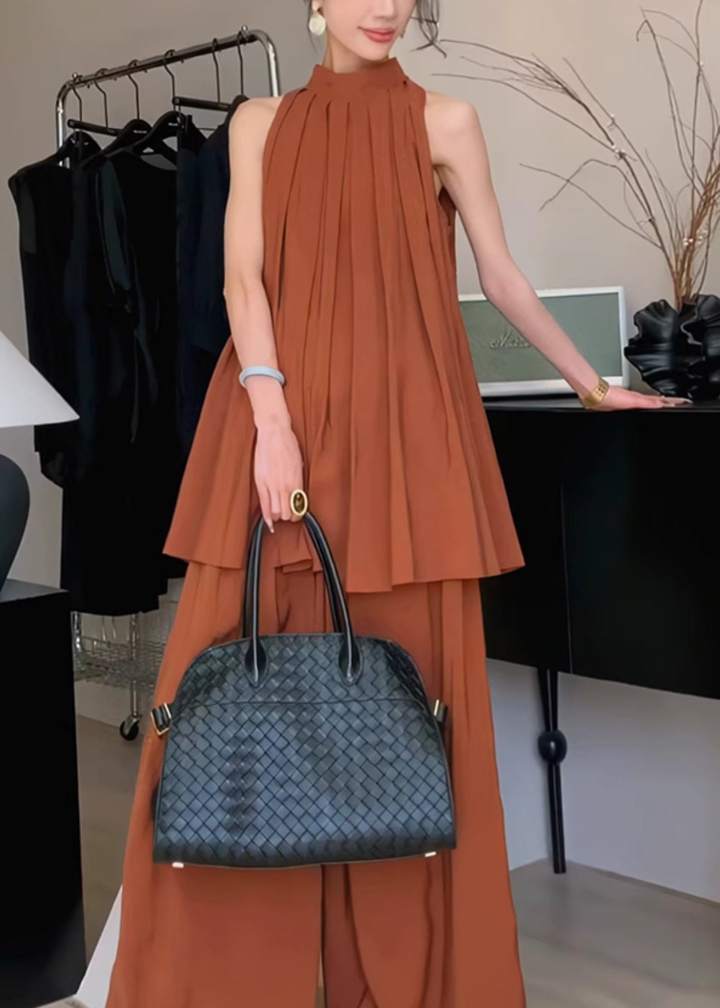 シフォンキャラメル2枚セット 夏 おしゃれ スタンドカラー しわ加工