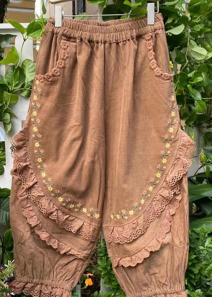 Embroidered Khaki Harem Pockets Corduroy Pants Ruffled Stylish