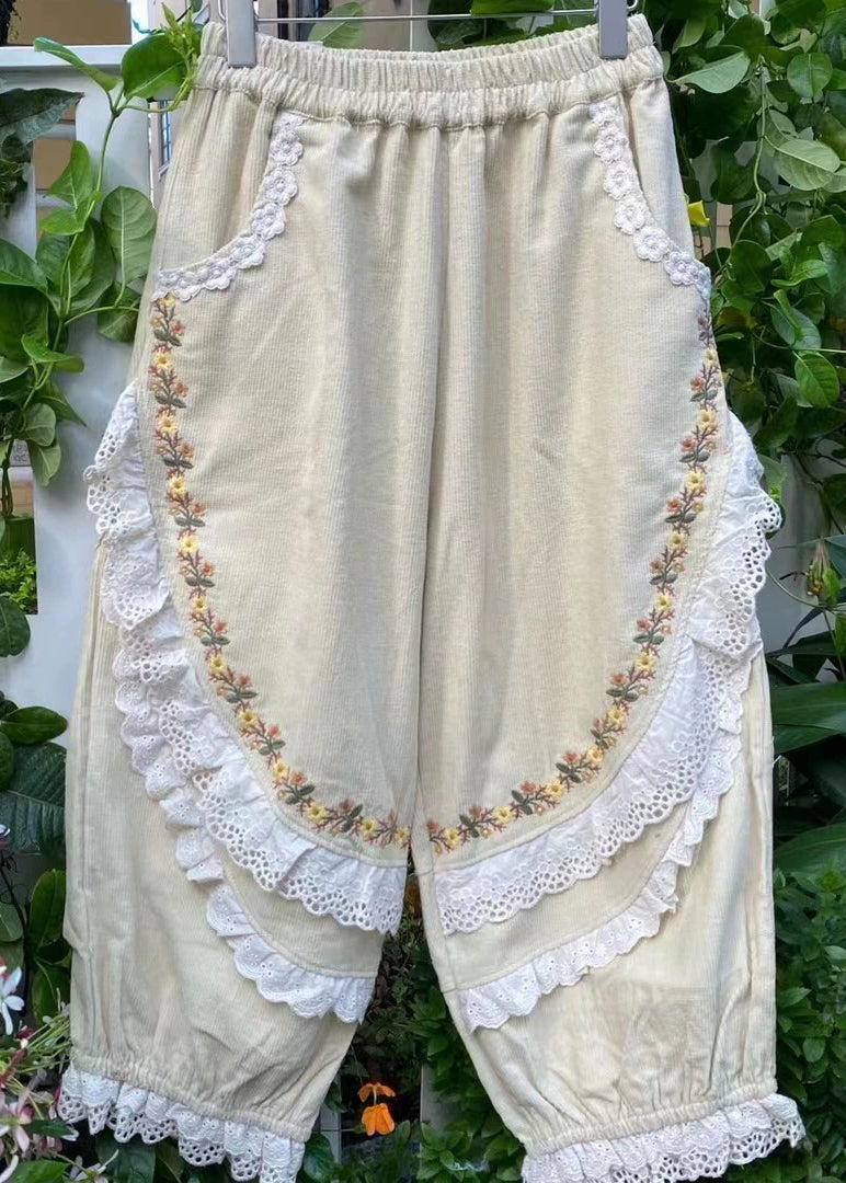 Embroidered Khaki Harem Pockets Corduroy Pants Ruffled Stylish
