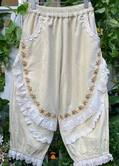 Embroidered Khaki Harem Pockets Corduroy Pants Ruffled Stylish