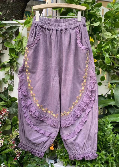 Embroidered Khaki Harem Pockets Corduroy Pants Ruffled Stylish