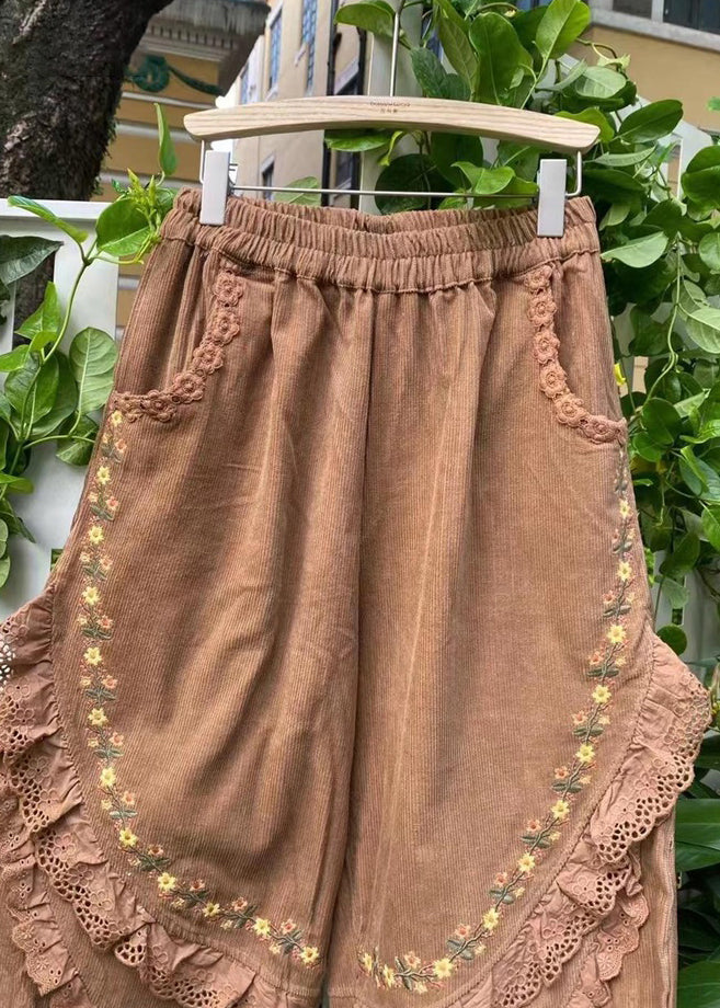 Embroidered Khaki Harem Pockets Corduroy Pants Ruffled Stylish