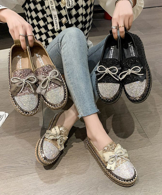 Black Gold Flat Platform Stylish Zircon Bow Splicing Shoes