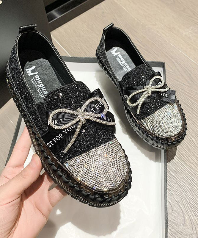 Black Gold Flat Platform Stylish Zircon Bow Splicing Shoes