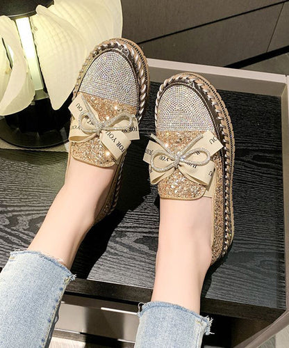 Black Gold Flat Platform Stylish Zircon Bow Splicing Shoes