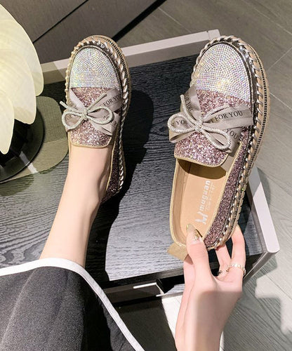 Black Gold Flat Platform Stylish Zircon Bow Splicing Shoes