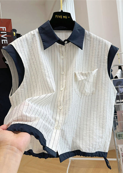 ビーチストライプパッチワークノースリーブホワイトスタイリッシュコットンベスト