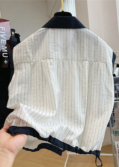 ビーチストライプパッチワークノースリーブホワイトスタイリッシュコットンベスト