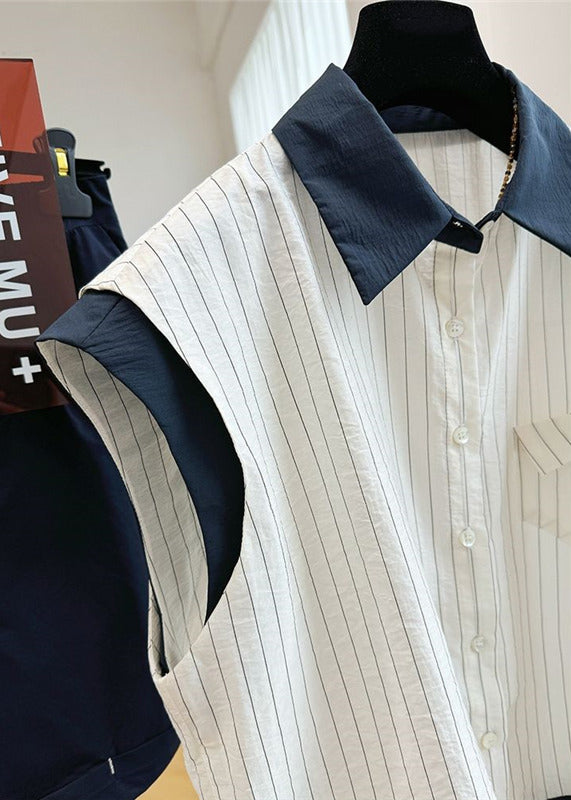 ビーチストライプパッチワークノースリーブホワイトスタイリッシュコットンベスト