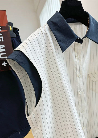ビーチストライプパッチワークノースリーブホワイトスタイリッシュコットンベスト