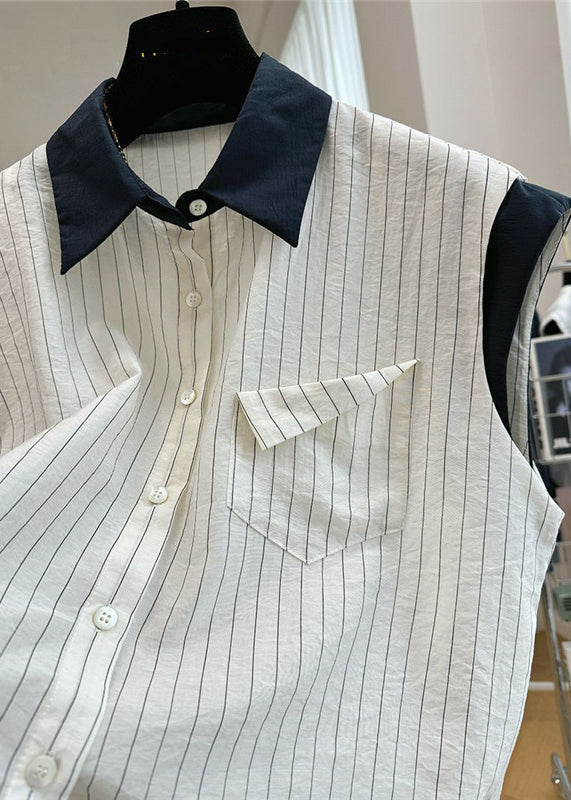 ビーチストライプパッチワークノースリーブホワイトスタイリッシュコットンベスト