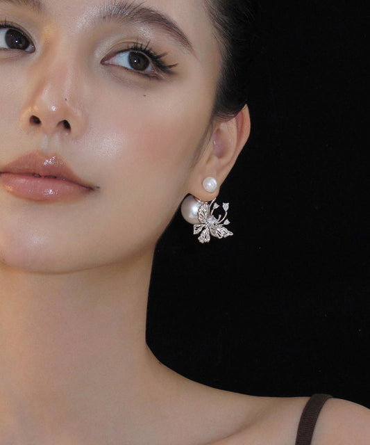 スタッドホワイトスターリングユニークパールシルバーバタフライイヤリング