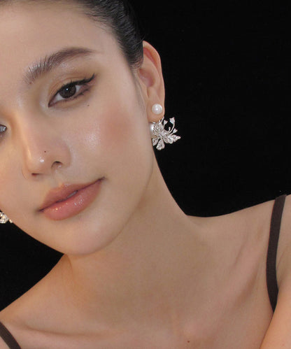 スタッドホワイトスターリングユニークパールシルバーバタフライイヤリング