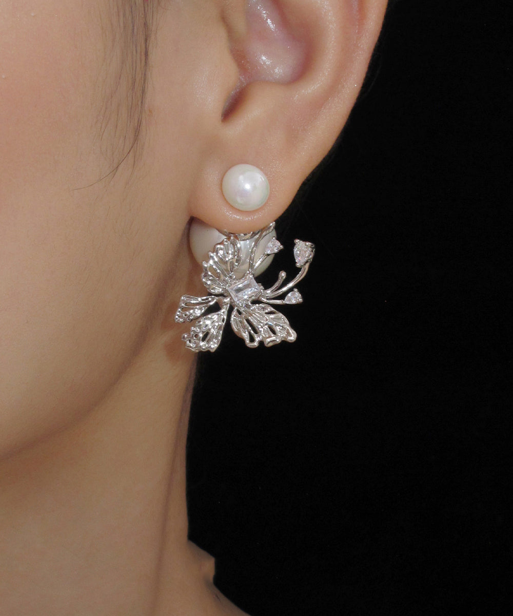 スタッドホワイトスターリングユニークパールシルバーバタフライイヤリング