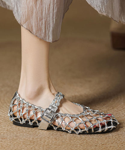 Silver Woven Sandals Hollow Out Vacation Style Flat Breathable