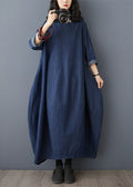 Vintage Kleid Ärmel Denim Blau Maxi O-Ausschnitt Rüschen