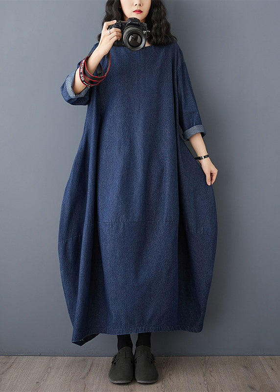 Vintage Kleid Ärmel Denim Blau Maxi O-Ausschnitt Rüschen