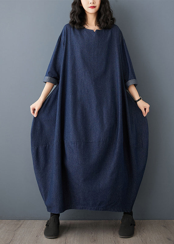 Vintage Kleid Ärmel Denim Blau Maxi O-Ausschnitt Rüschen