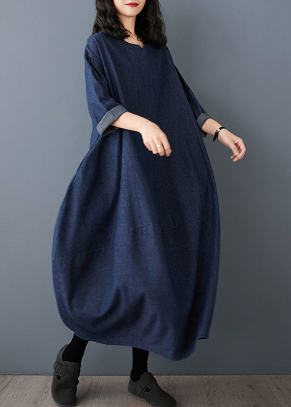 Vintage Kleid Ärmel Denim Blau Maxi O-Ausschnitt Rüschen