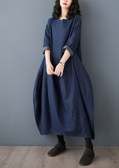 Vintage Kleid Ärmel Denim Blau Maxi O-Ausschnitt Rüschen