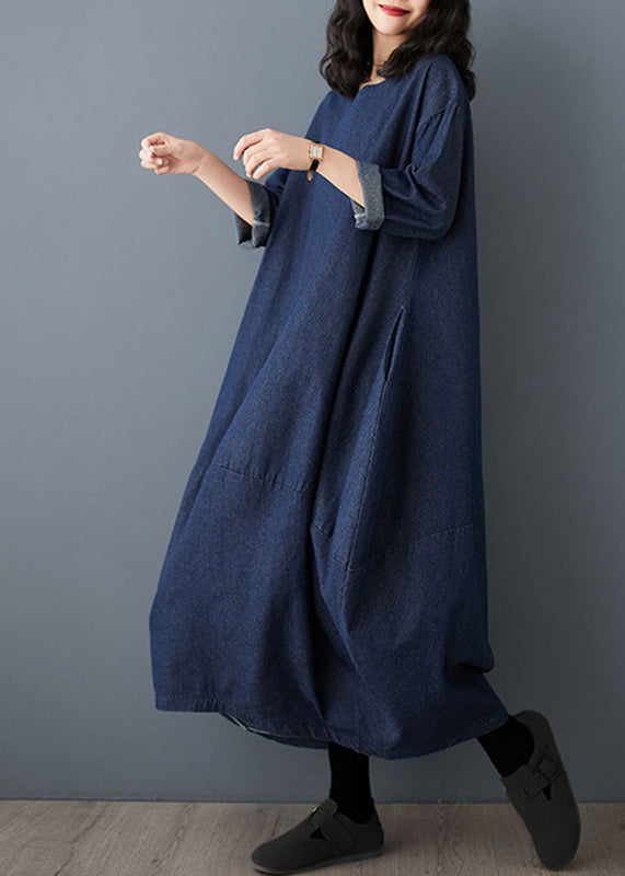 Vintage Kleid Ärmel Denim Blau Maxi O-Ausschnitt Rüschen