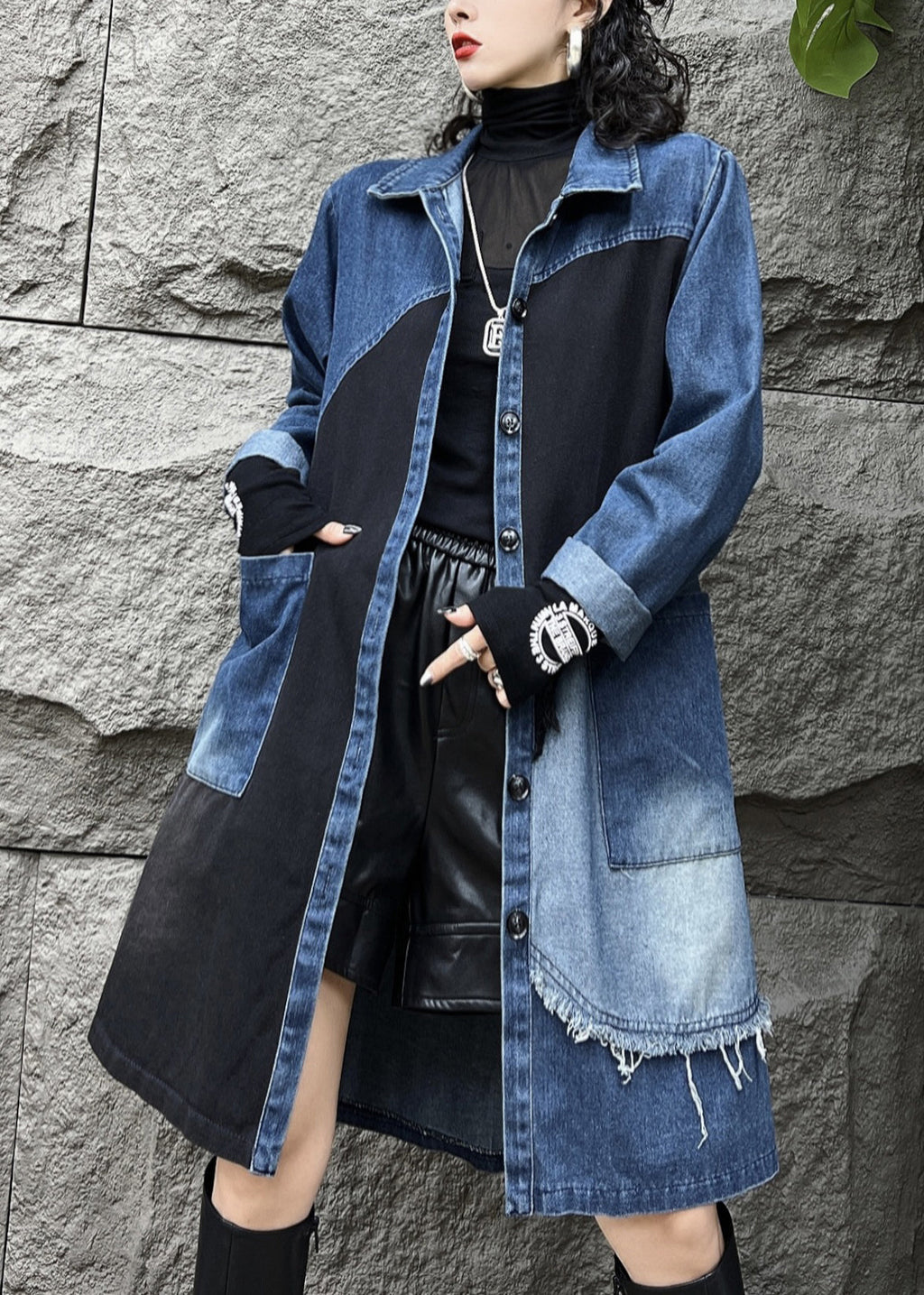 Pan Button Kragen Mäntel Taschen Denim Vintage Herbst Peter Long Blue Trench