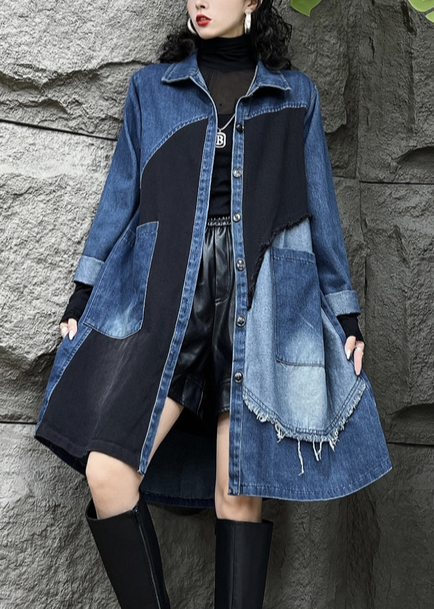 Pan Button Kragen Mäntel Taschen Denim Vintage Herbst Peter Long Blue Trench