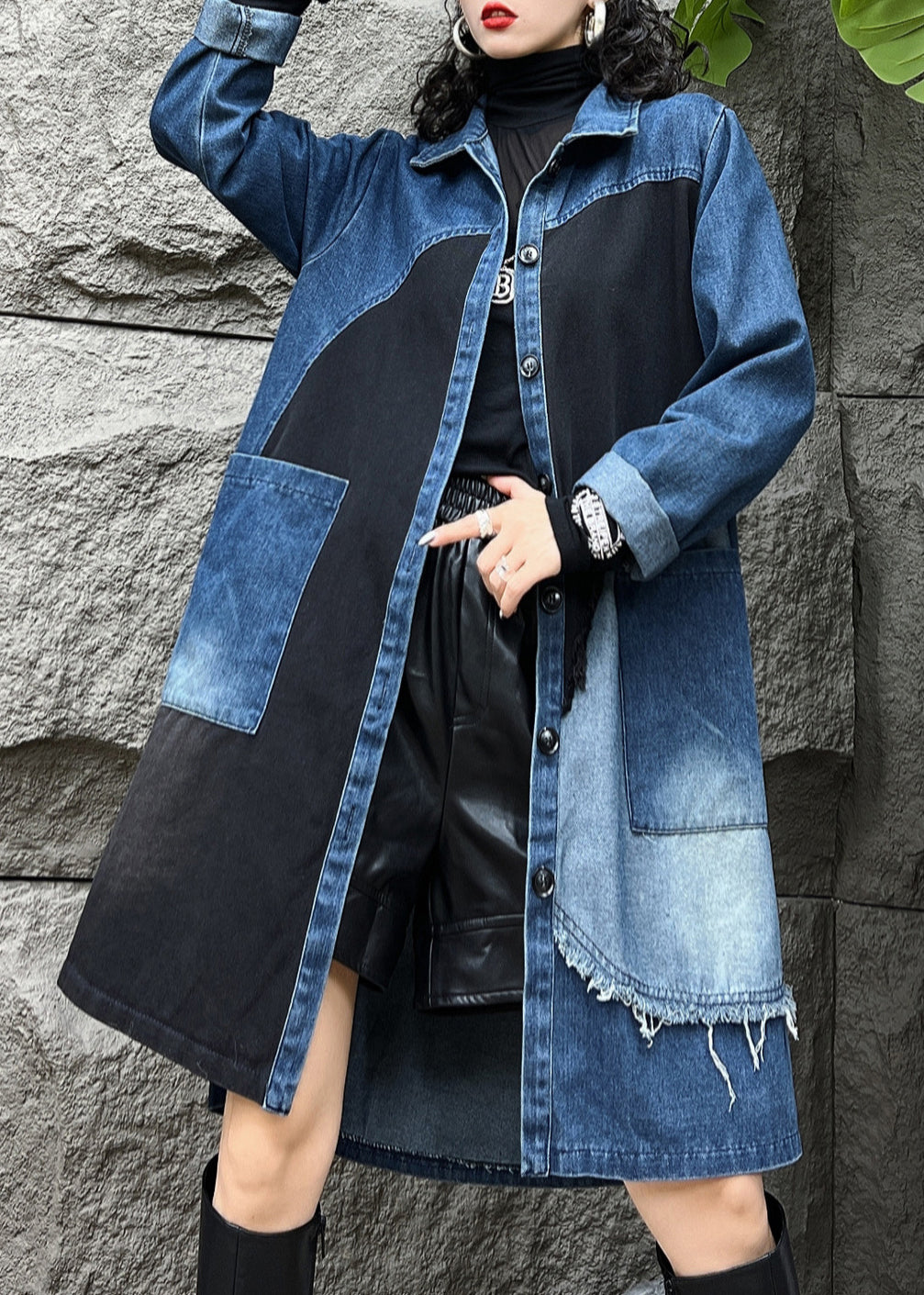 Pan Button Kragen Mäntel Taschen Denim Vintage Herbst Peter Long Blue Trench