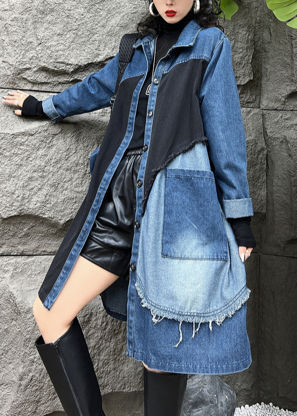 Pan Button Kragen Mäntel Taschen Denim Vintage Herbst Peter Long Blue Trench