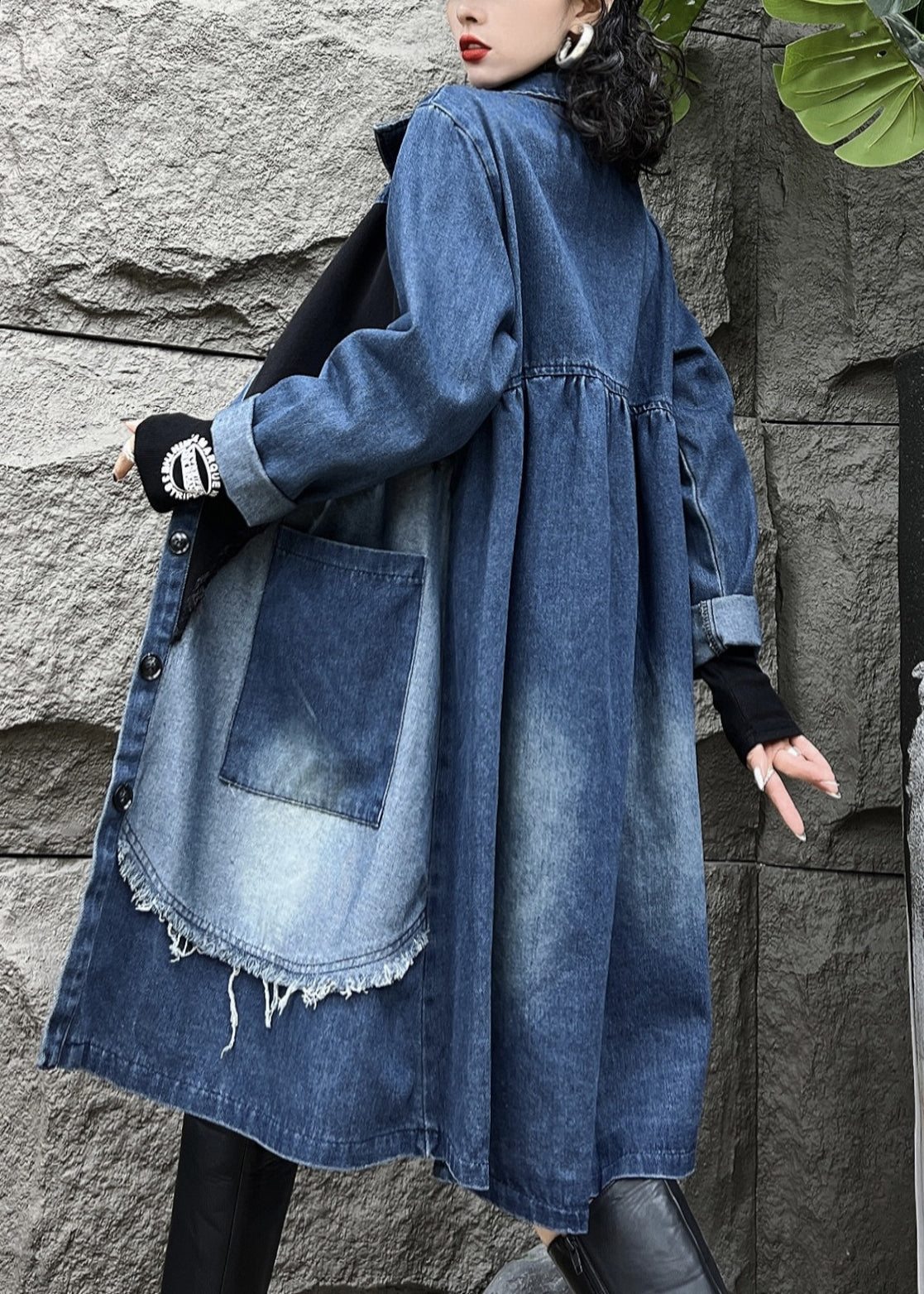 Pan Button Kragen Mäntel Taschen Denim Vintage Herbst Peter Long Blue Trench