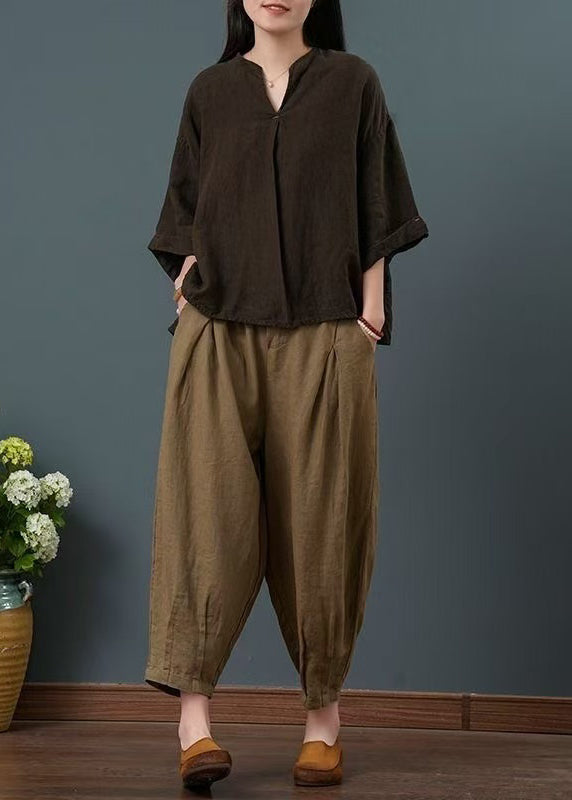 Pieces Linen Summer V Chocolate Set Two Neck Vintage