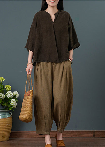 Pieces Linen Summer V Chocolate Set Two Neck Vintage