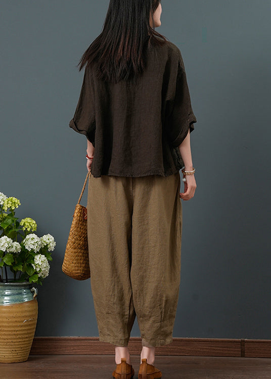 Pieces Linen Summer V Chocolate Set Two Neck Vintage