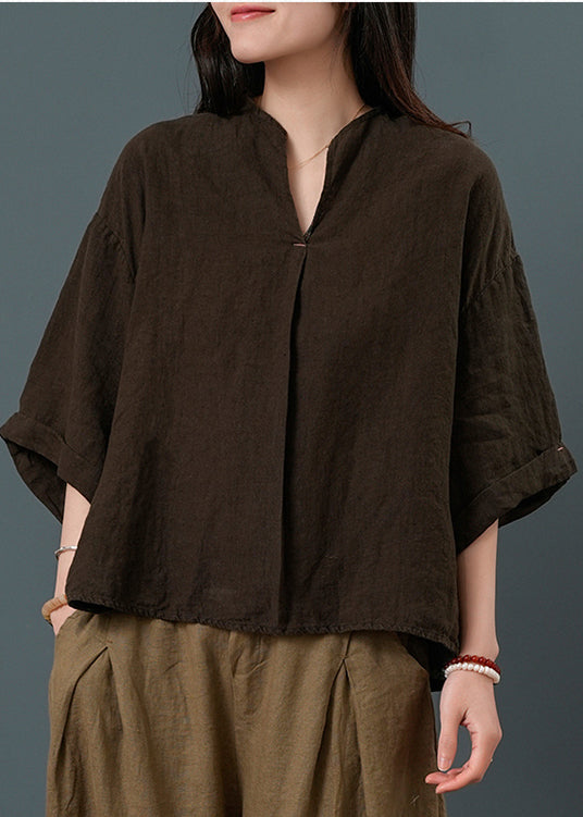 Pieces Linen Summer V Chocolate Set Two Neck Vintage