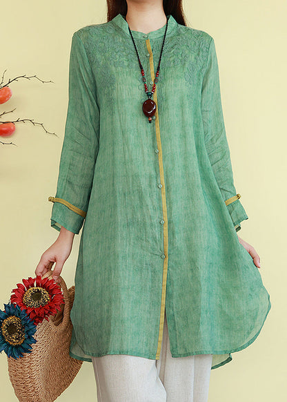 薄手パッチワークボタンブラウス リネングリーン ヴィンテージ