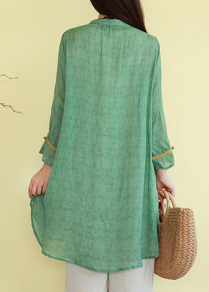 薄手パッチワークボタンブラウス リネングリーン ヴィンテージ