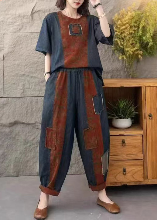 Set Navy Two Vintage Summer Denim Pieces Patchwork Oversized Applique
