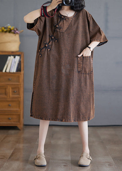 Seitlich lange Denim-O-Ausschnitt-Knopf-Kurzarm-Vintage-Open-Kleider