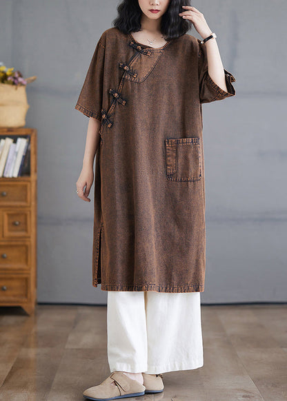 Seitlich lange Denim-O-Ausschnitt-Knopf-Kurzarm-Vintage-Open-Kleider