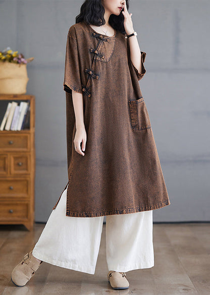 Seitlich lange Denim-O-Ausschnitt-Knopf-Kurzarm-Vintage-Open-Kleider